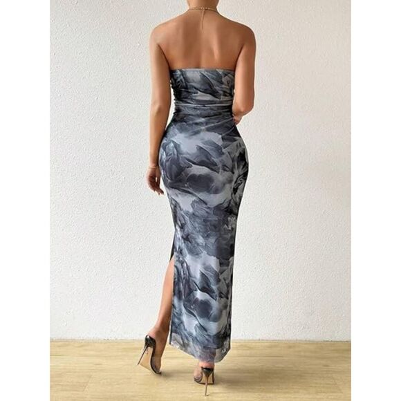 Printed Strapless Tube Bodycon Maxi Side Slit Mesh Layered Dress, S, 4M-149D005 - Picture 2 of 3